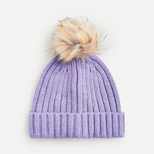 NWT $45 J CREW Purple Ribbed Beanie w/ Faux-Fur Pom-Pom